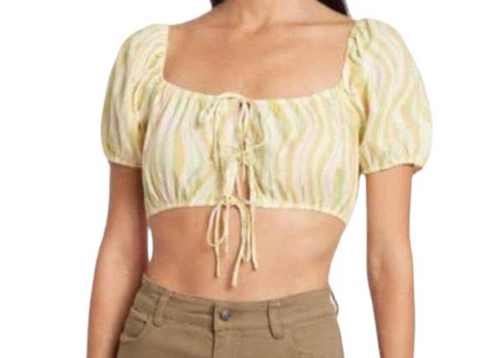 Elodie top Cropped Puff-Sleeve Tie-Front striped Large L